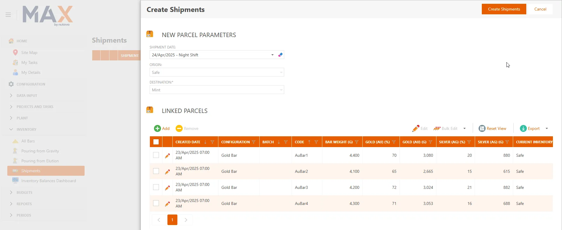 MAX gold bar shipments list showing bar numbers, weights and assays for a consignment