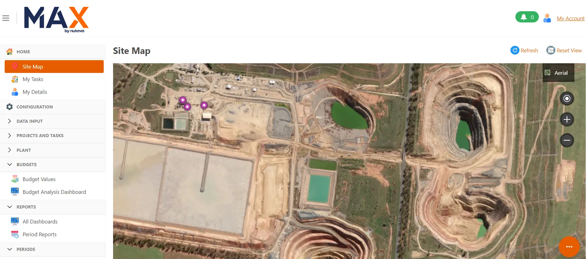 MAX site map showing plant locations plotted on aerial imagery of a mine site